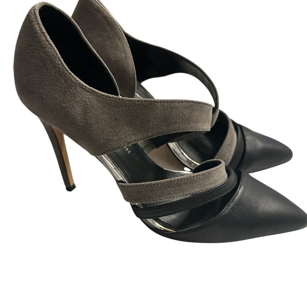 June Ambrose Black Leather and Gray Suede  Women's Heels Silver Trim
